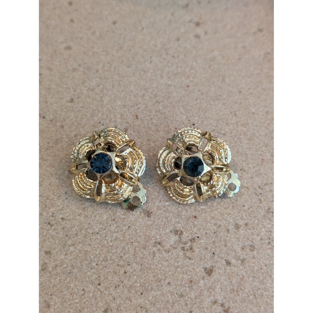 Vintage Clip On Earrings Gold Tone Floral Textured With Blue Rhinestone Center